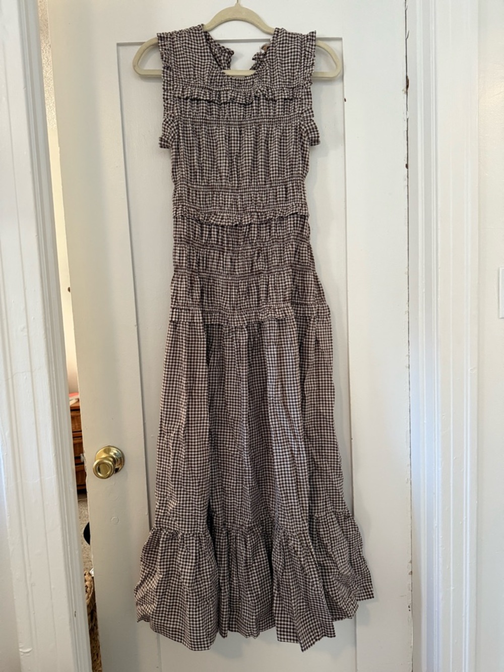 T.J.Maxx Brown and White Gingham Ruffle Maxi Dress